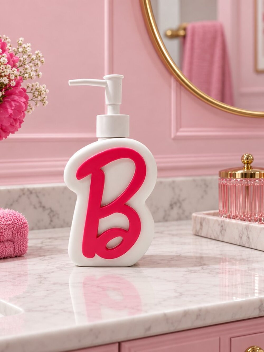 Barbie B Monogram Soap Lotion Pump Dispenser Mattel Pink White Bathroom NWT